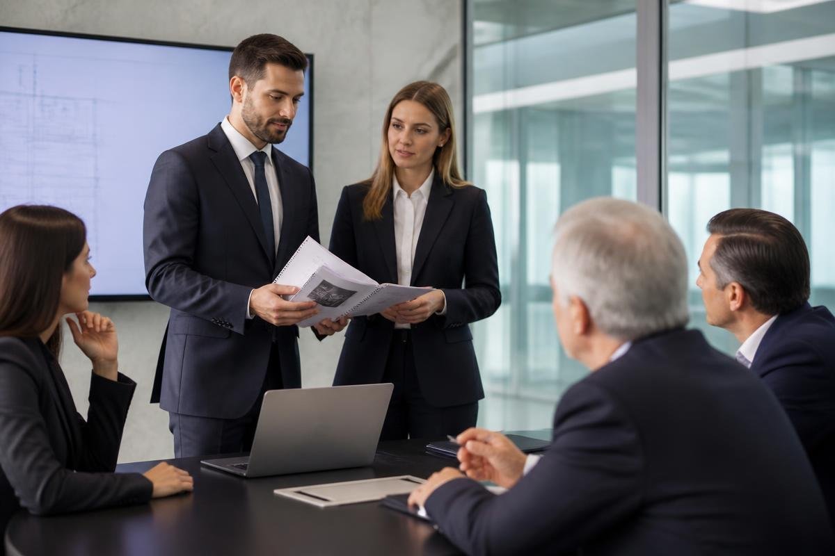 Equipe de consultores apresentando relatório técnico