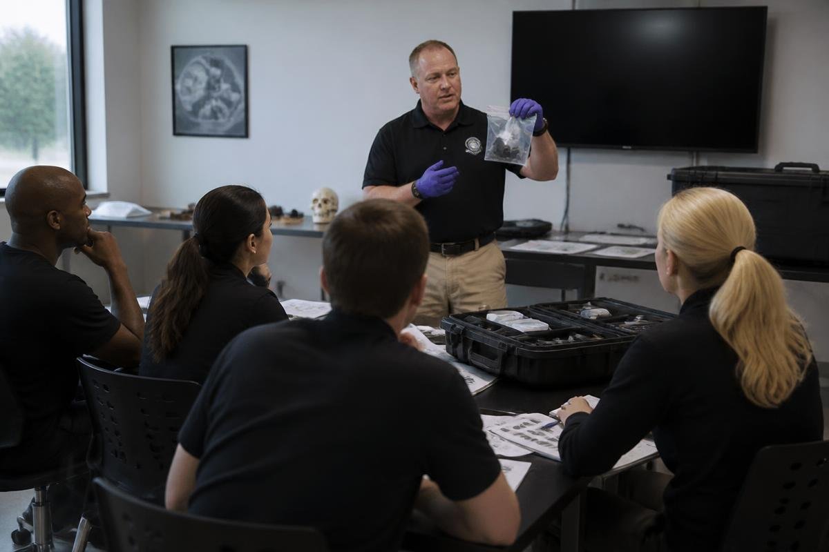 Instrutor conduzindo treinamento prático de peritos forenses