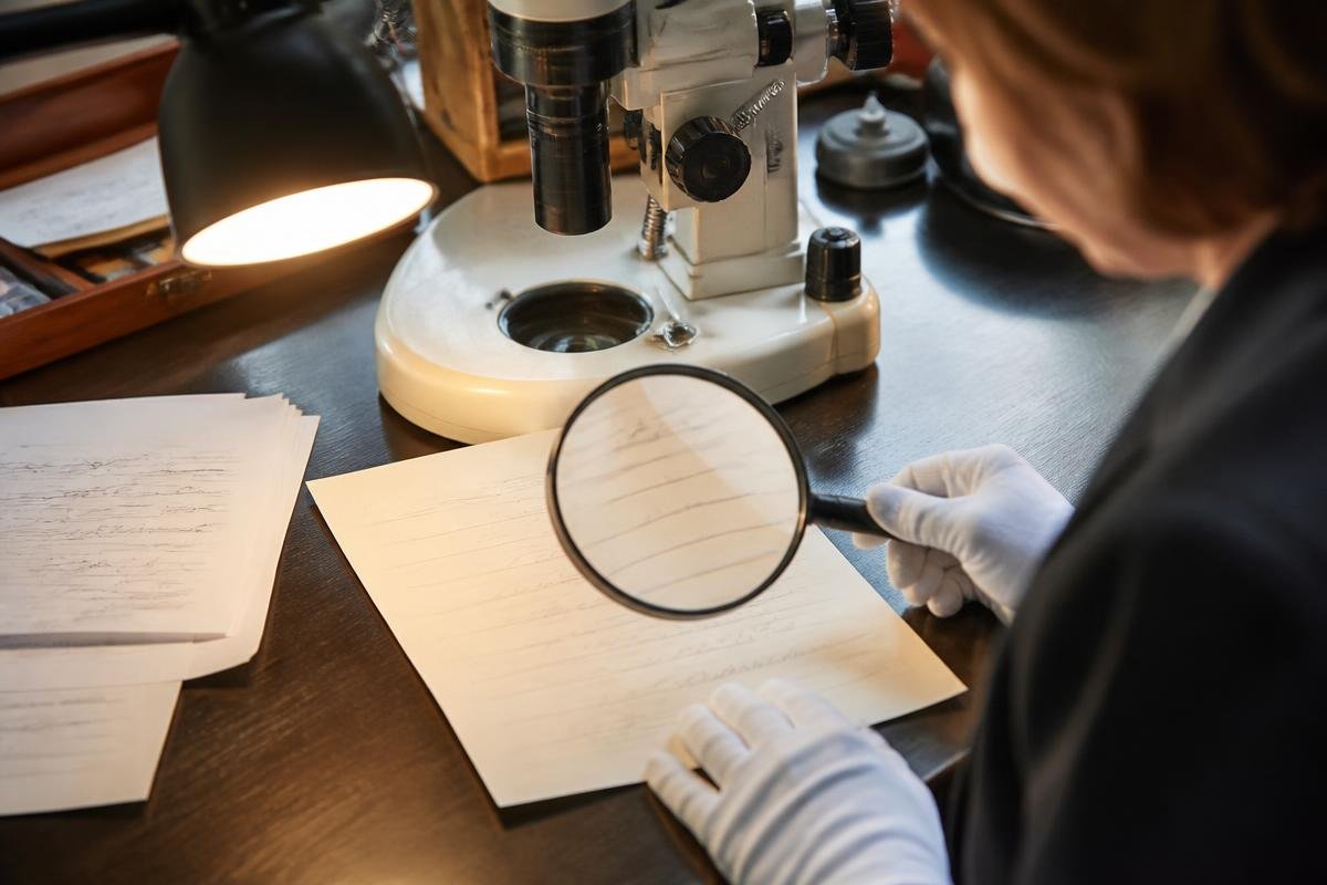 Perita examinando assinatura com lupa e microscópio