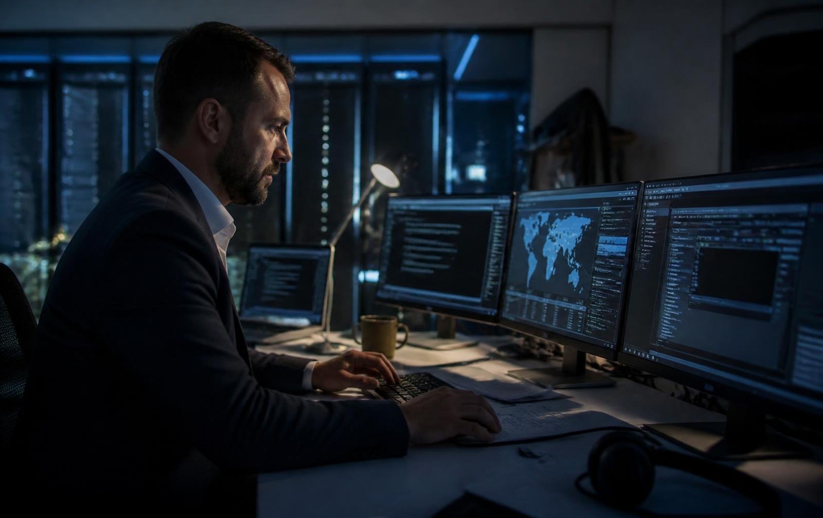Perito forense analisando evidências digitais em laboratório